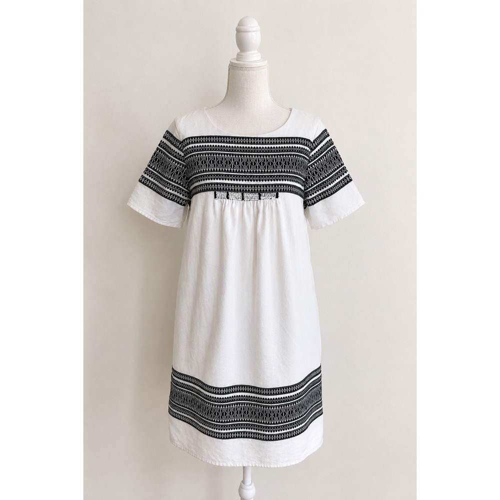 Madewell Cabana Jacquard Shift Dress M Ivory Black Embroidered Cotton Boho F0100